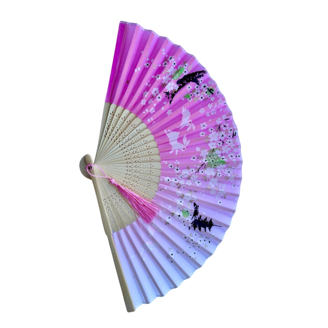 Japanese Silk Folding Fan (Sakura, Rabbits, Butterfly & Temple Design)