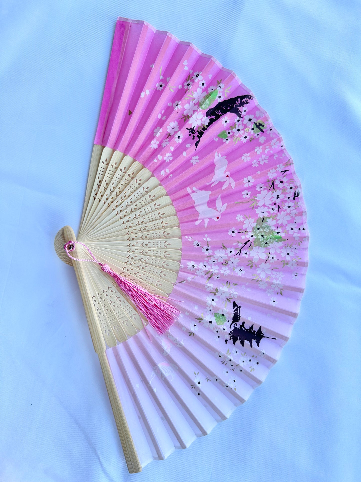 Japanese Silk Folding Fan (Sakura, Rabbits, Butterfly & Temple Design)