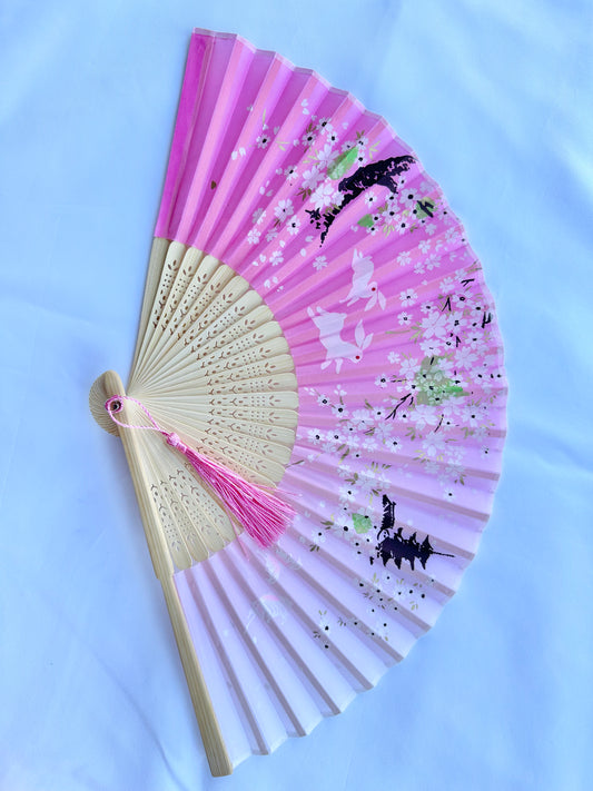 Japanese Silk Folding Fan (Sakura, Rabbits, Butterfly & Temple Design)