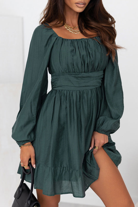 Green Square Neck Puff Sleeve Mini Dress