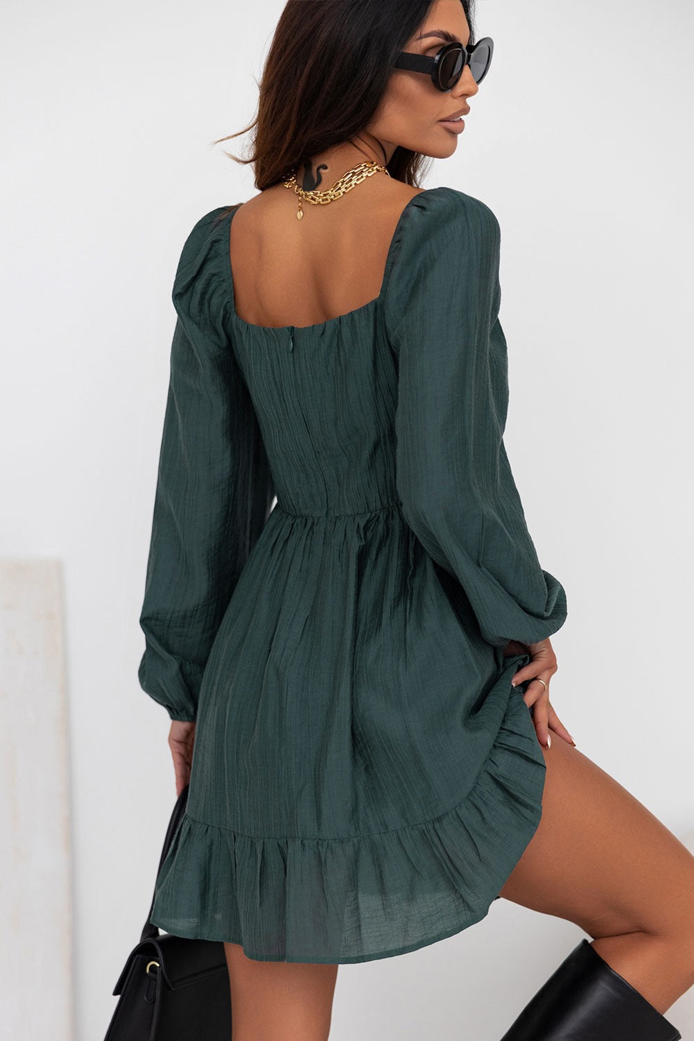 Green Square Neck Puff Sleeve Mini Dress