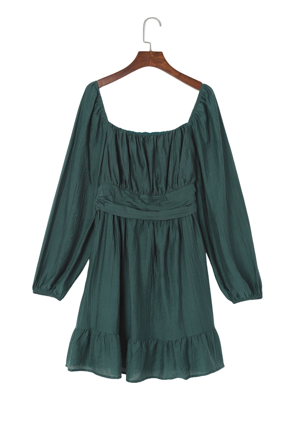 Green Square Neck Puff Sleeve Mini Dress