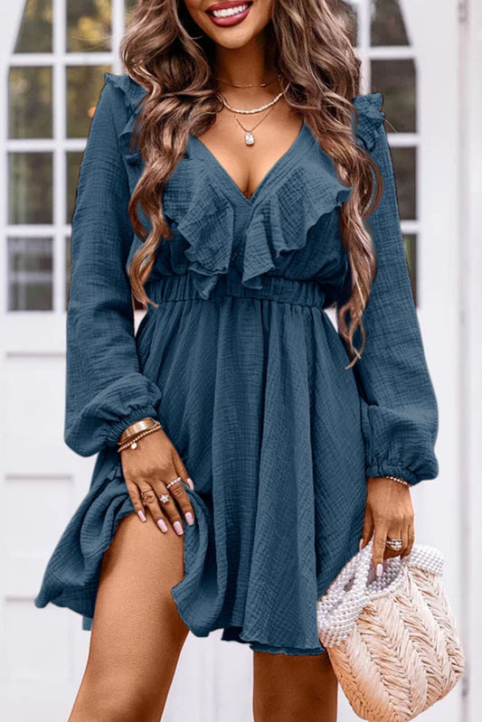 Blue Ruffled V Neck High Waisted Dress