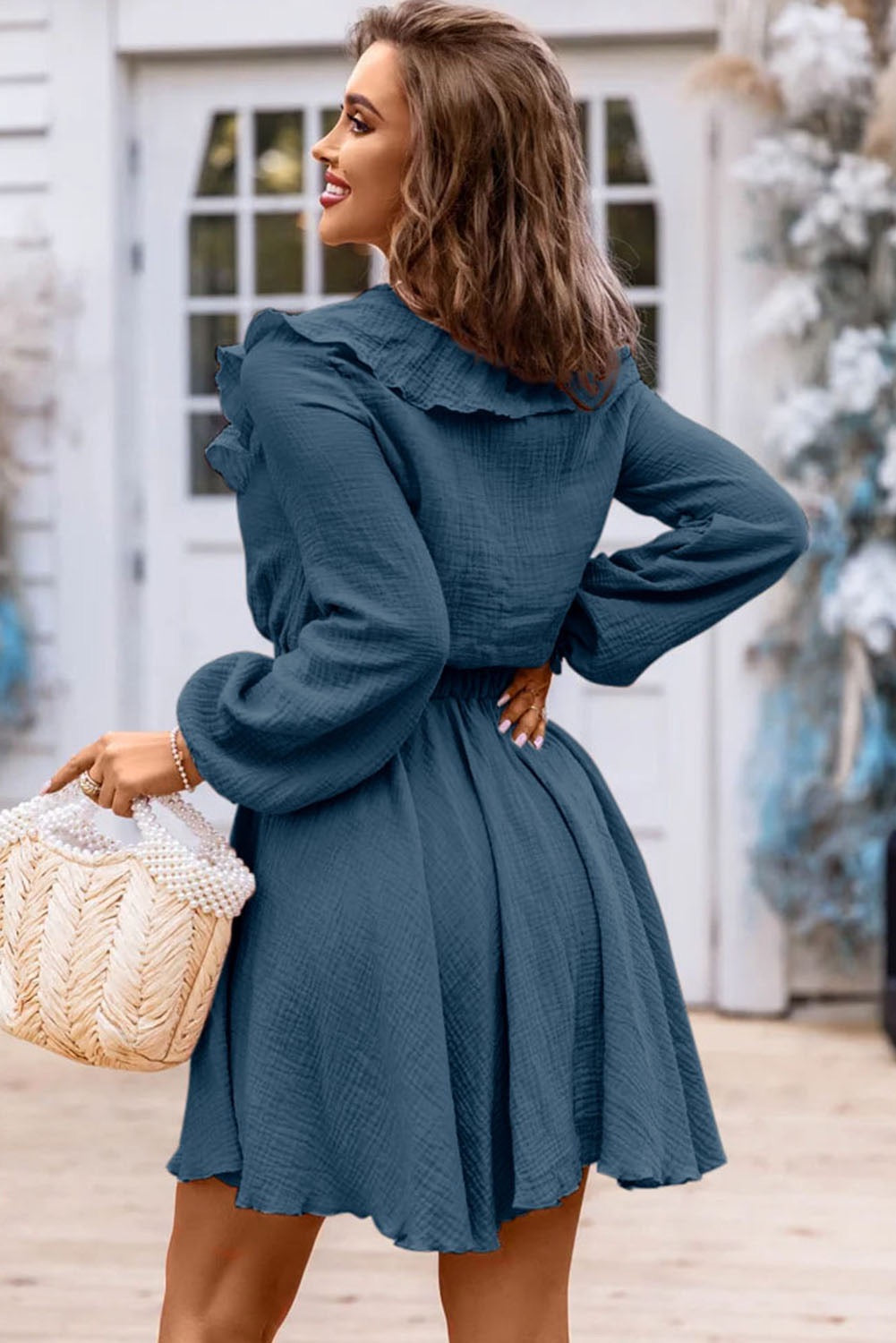 Blue Ruffled V Neck High Waisted Dress