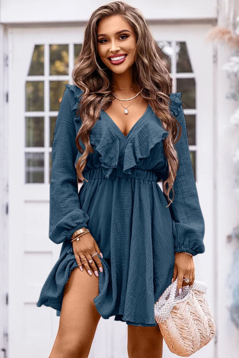 Blue Ruffled V Neck High Waisted Dress