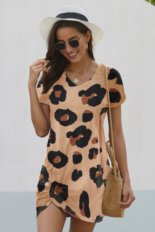 V Neck Leopard T-Shirt Dress with a Twist